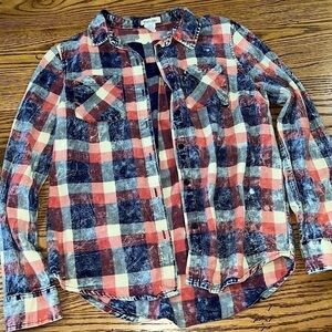 Dizzy Lizzy Distressed Plaid Button Down Shirt